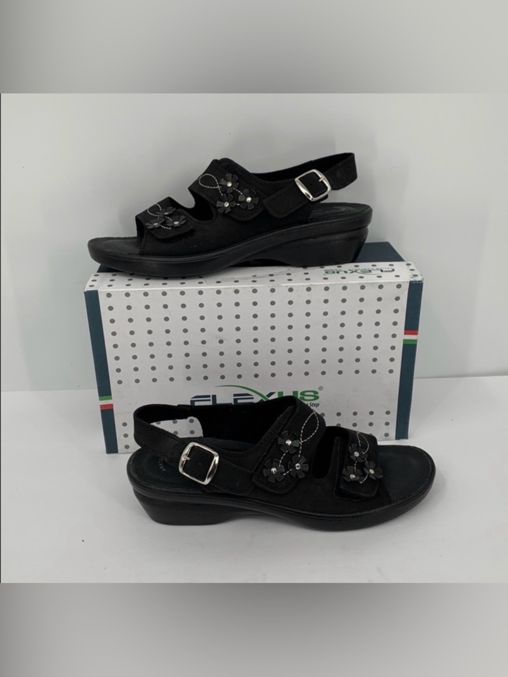 Flexus Spring Step Ceri comfort sandal wedge black leather Italy shoe new 39 8.5